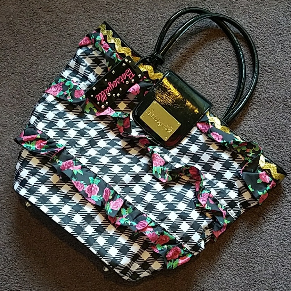 Betseyville ruffle black and pink tote 